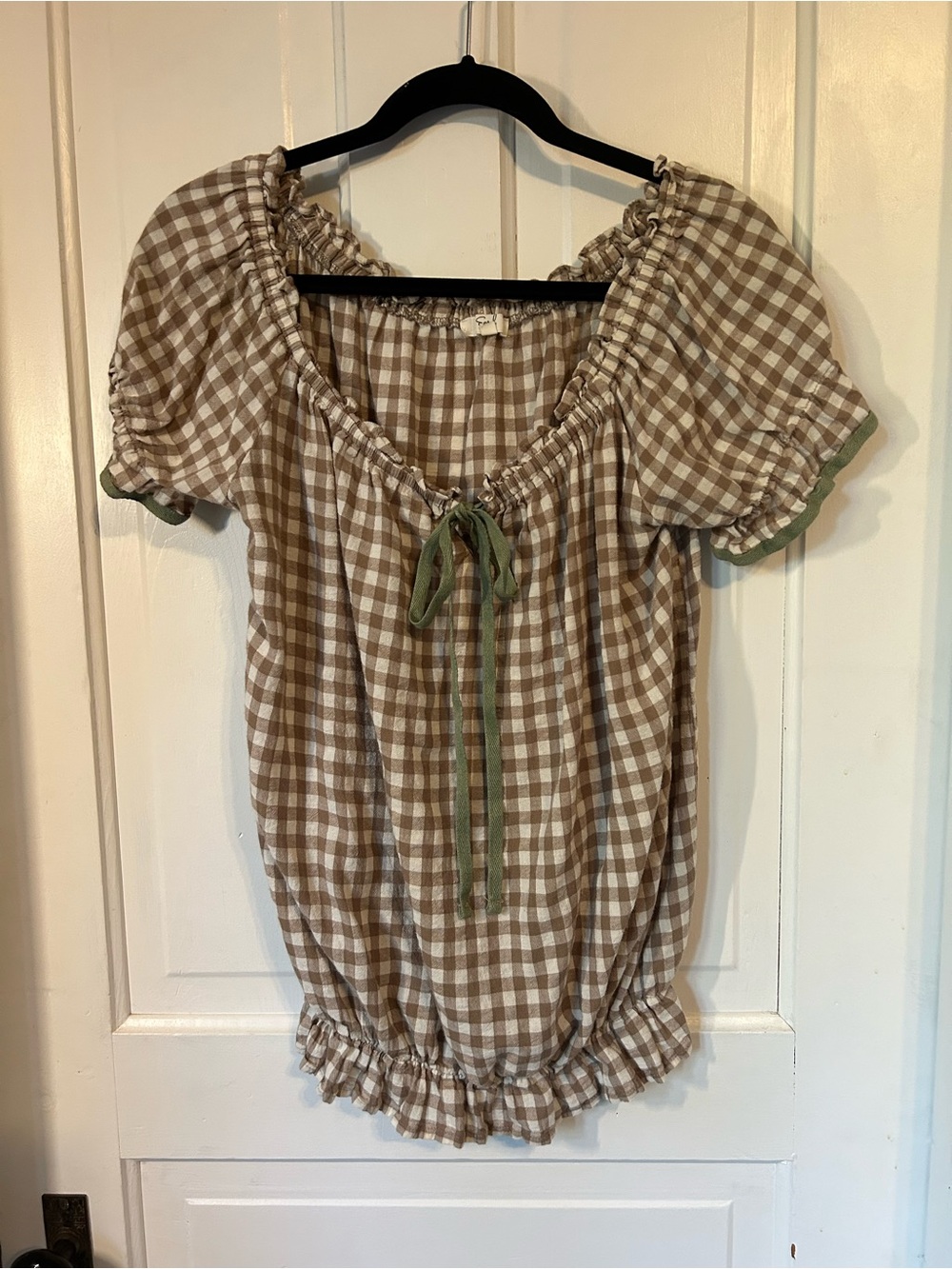 easel Brown and Cream Gingham Puff Sleeve Blouse with Green Tie